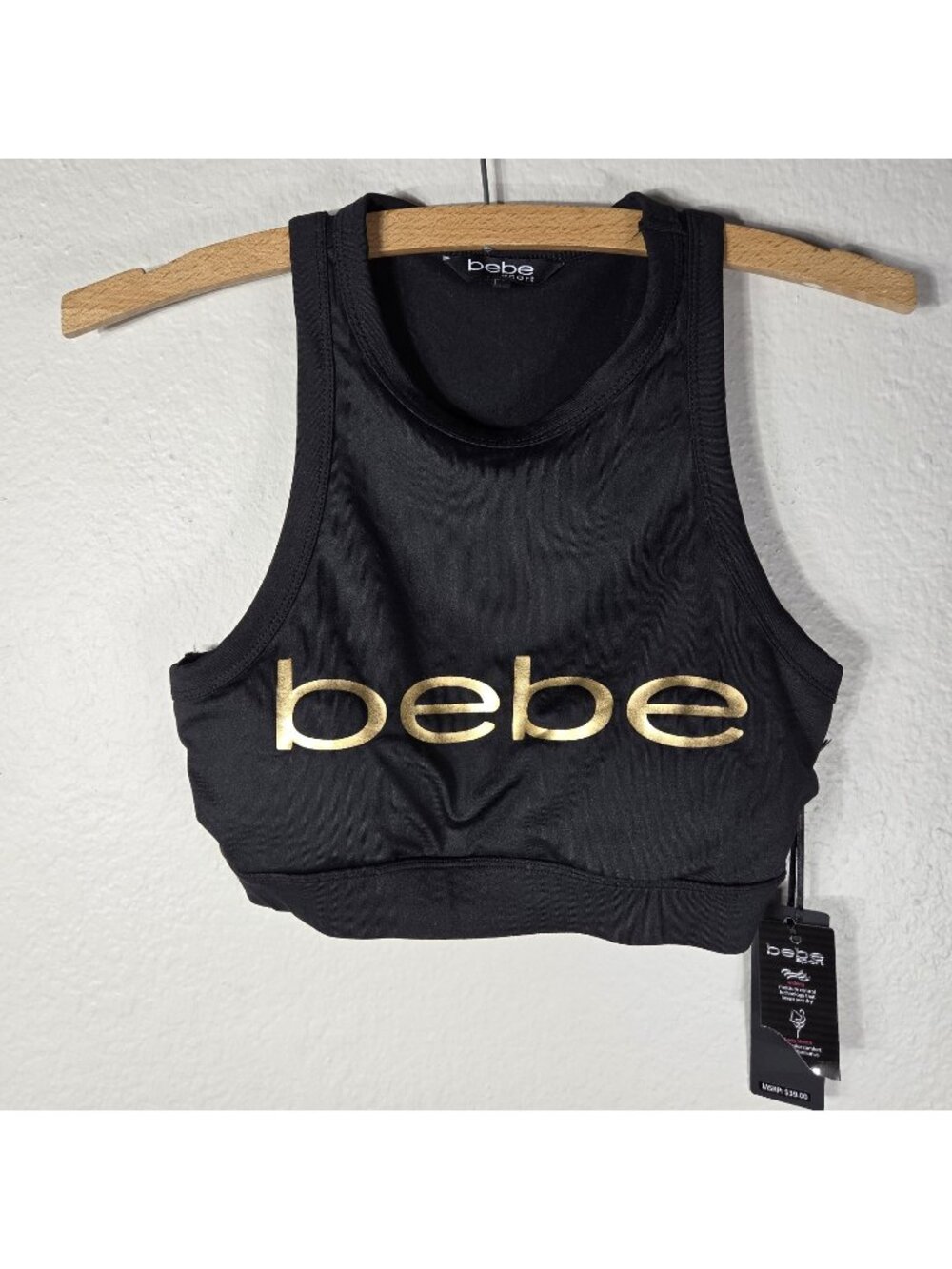 Bebe Sport Black Logo Golden High Neck Crop Top Size S Padded Sleeveless